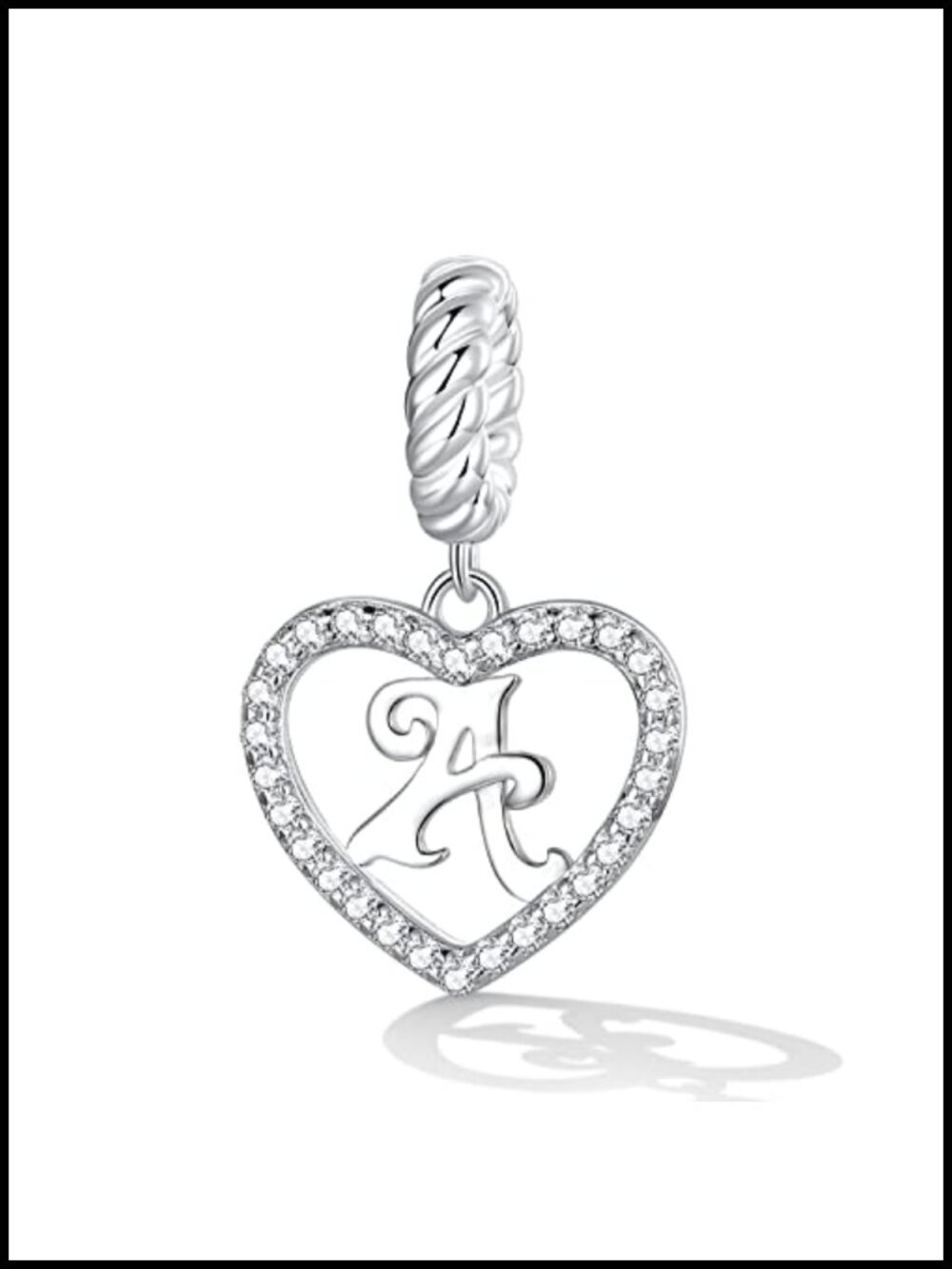 925 Sterling Silver Heart Initial Charm Bead, Cubic Zirconia Letter Pendant for
